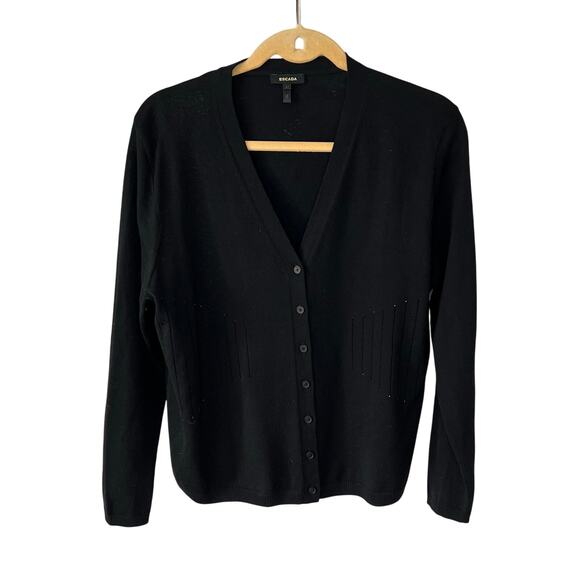Escada Black Wool Button Cardigan Rhinestone Lightweight 14 Luxury Casual Glam - Picture 1 of 5
